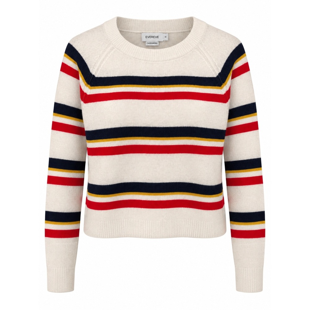 Evereve Sweater Women Small Ivory Cashmere Striped Crew Neck Raglan Long Sleeve